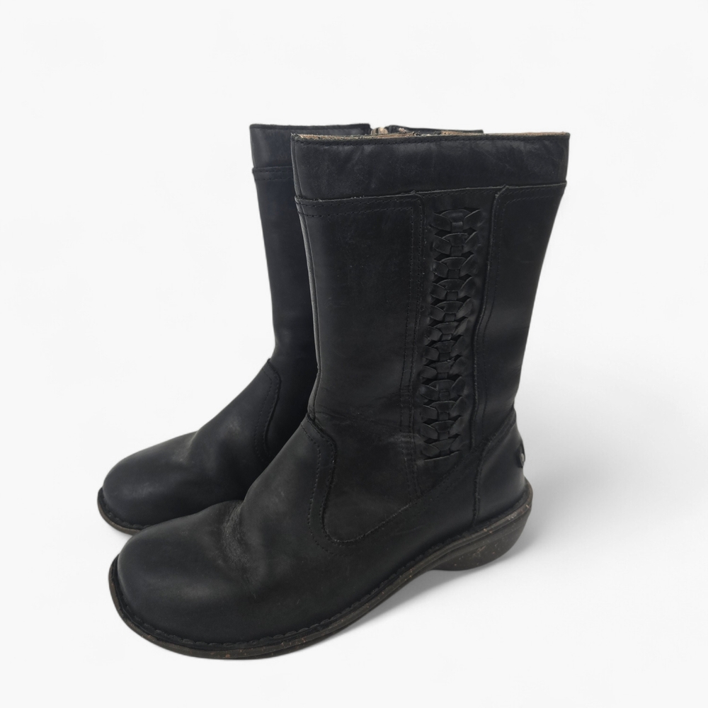 Women's UGG Kaleen Leather Black Boots Winter Size 7 Sheepskin Side Zip Combat
